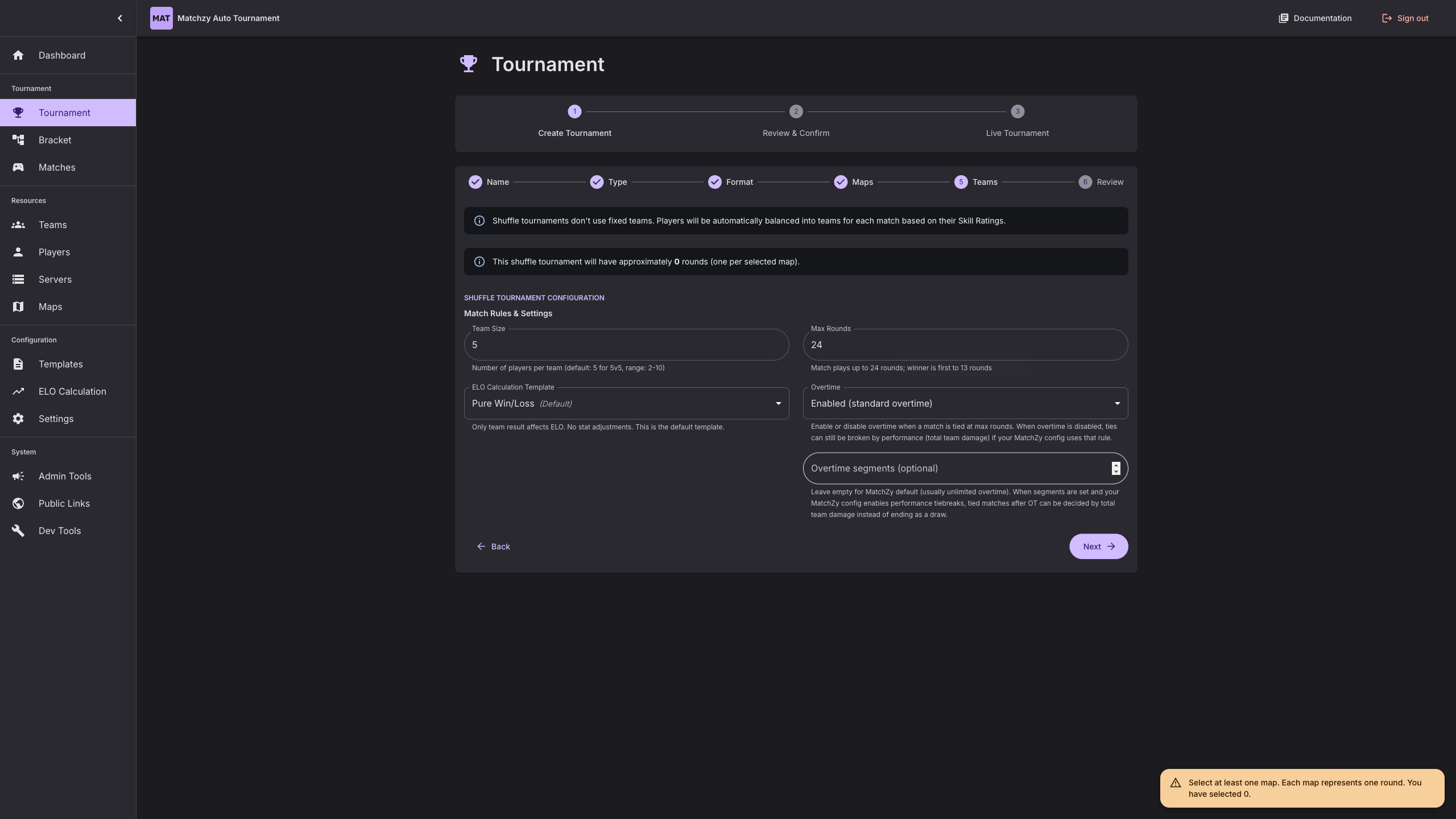 Shuffle Tournament – Configuration