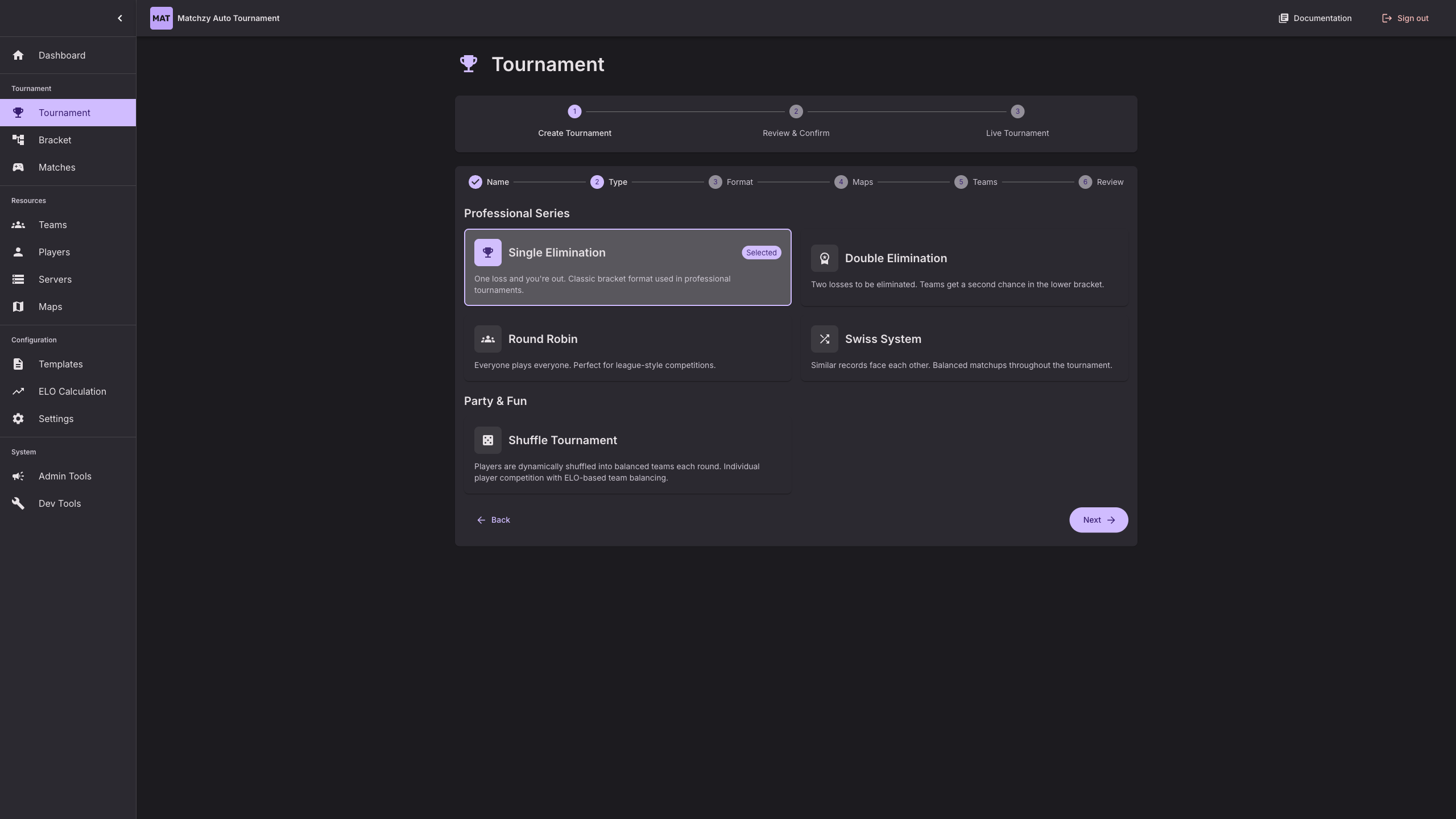 Tournament Type – Single Elimination